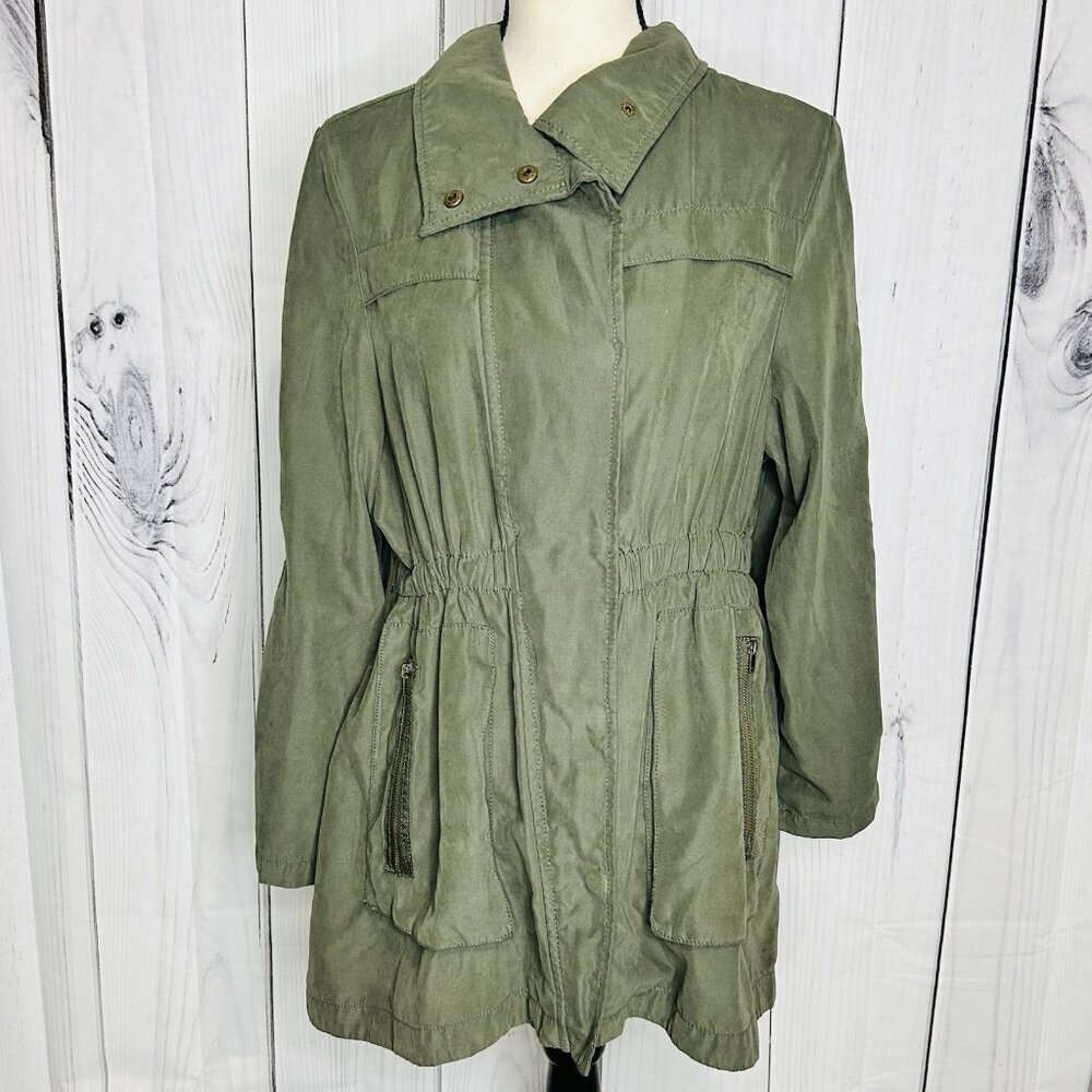 Live A Little Army Green Military Utility Jacket Snap Front Hidden Zip Size M